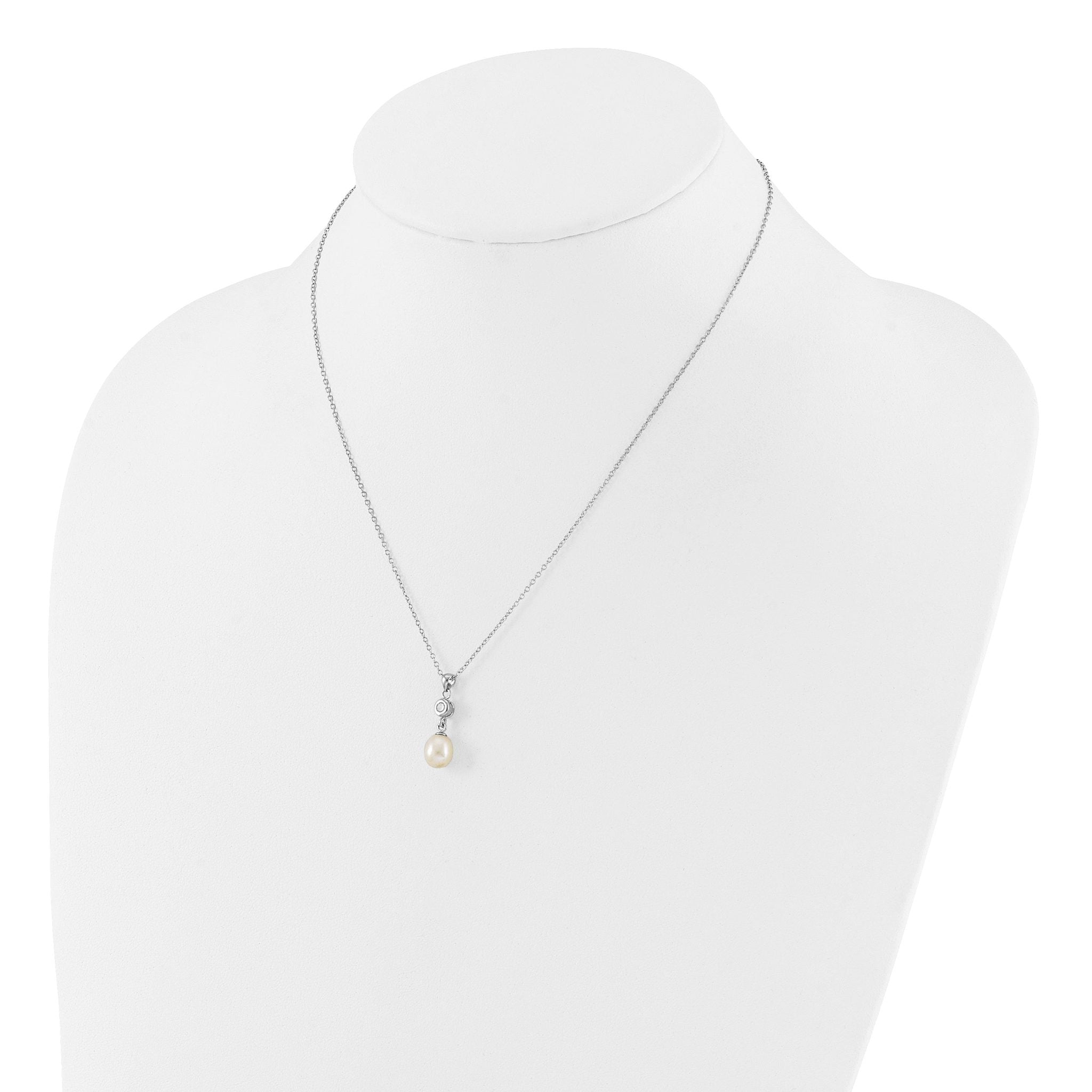 Sterling Silver Rhodium-plated 7-8mm White Teardrop Freshwater Cultured Pearl and CZ 17 inch Necklace and Post Dangle Earrings Set