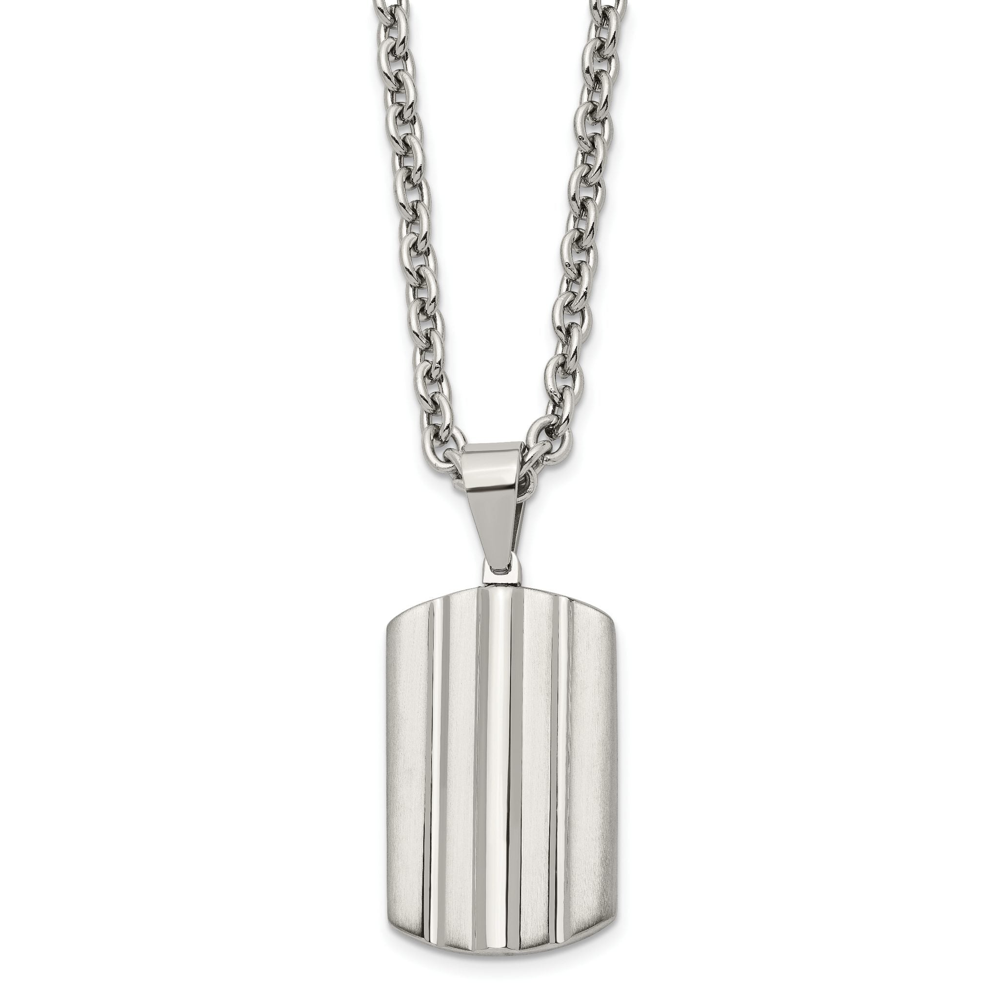Grooved Dog Tag Necklace in Stainless Steel, 24 in