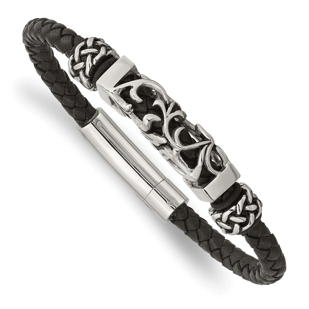 Stainless Steel Polished with Antiqued Beads Braided Black Leather Bracelet for Men