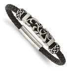 Stainless Steel Polished with Antiqued Beads Braided Black Leather Bracelet for Men