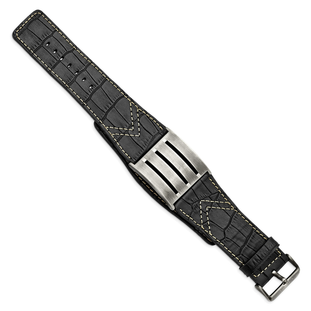 Stainless Steel Brushed Black Leather Adjustable Buckle Bracelet