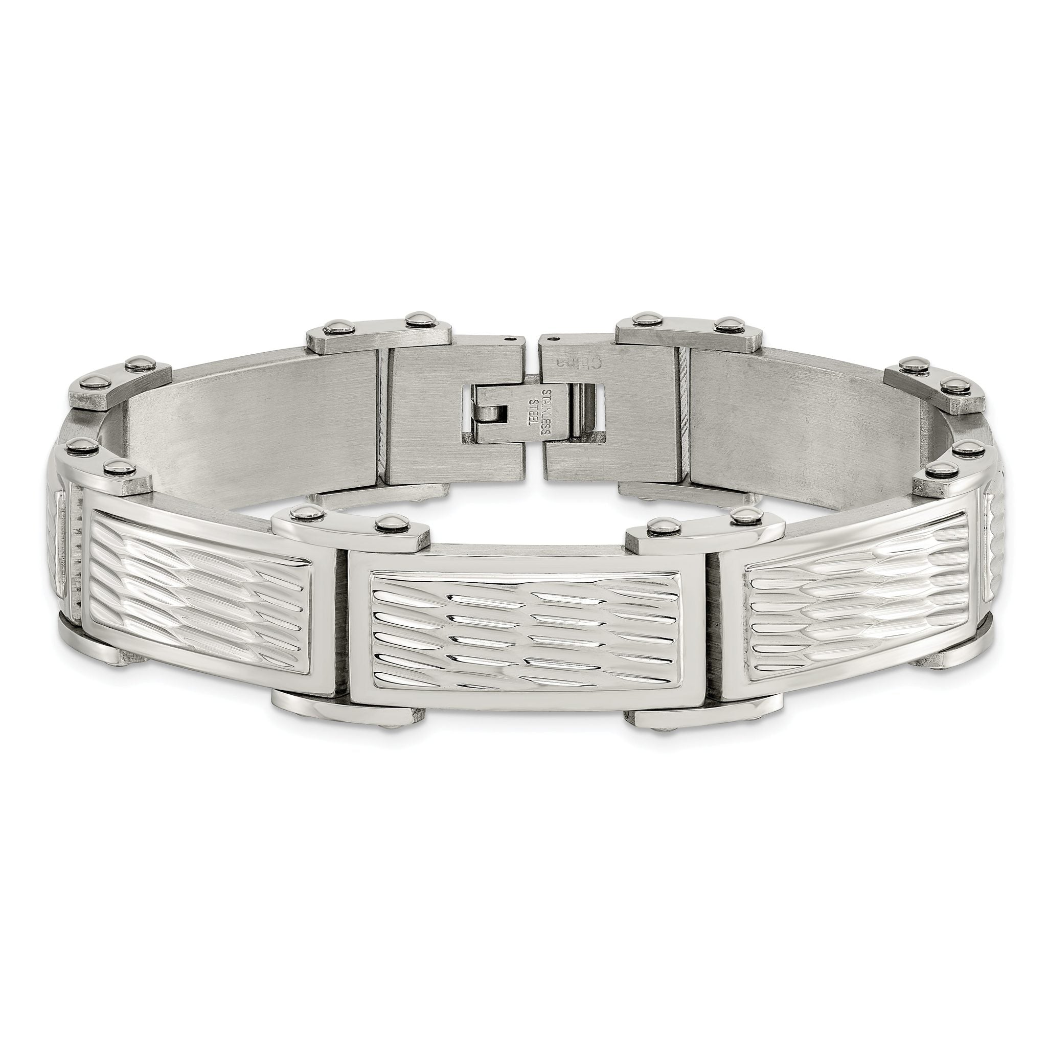Stainless Steel Brushed Polished and Textured Link Bracelet for Men