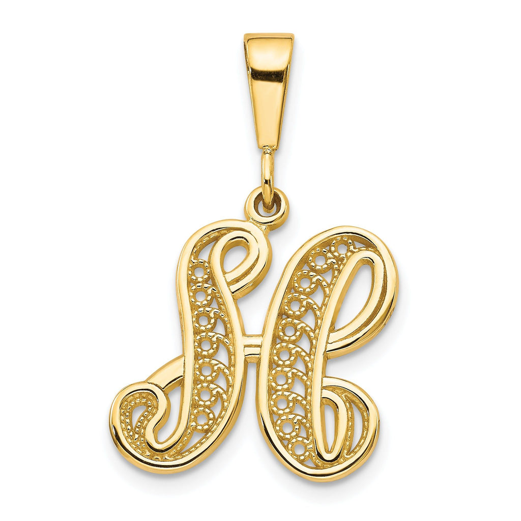 14K Gold Polished Filigree Letter H Initial Pendant Elegant Large Design
