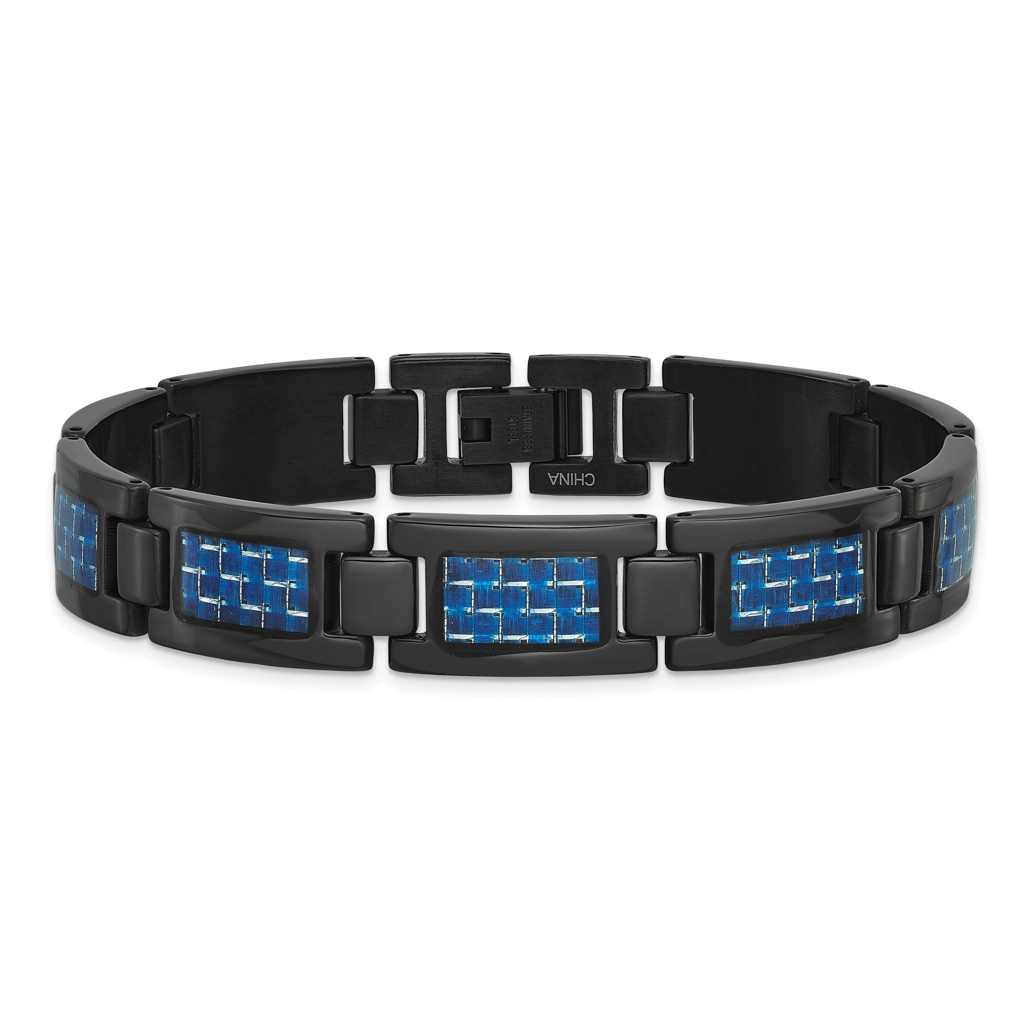 Stainless Steel Polished Black IP-plated with Blue Carbon Fiber Inlay Link Bracelet for Men