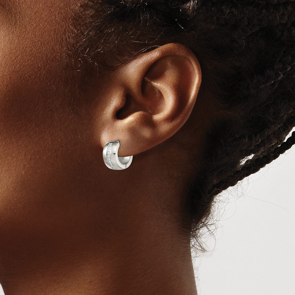 Stainless Steel Polished Hinged Lab-Created Crystal Huggie Hoop Earrings