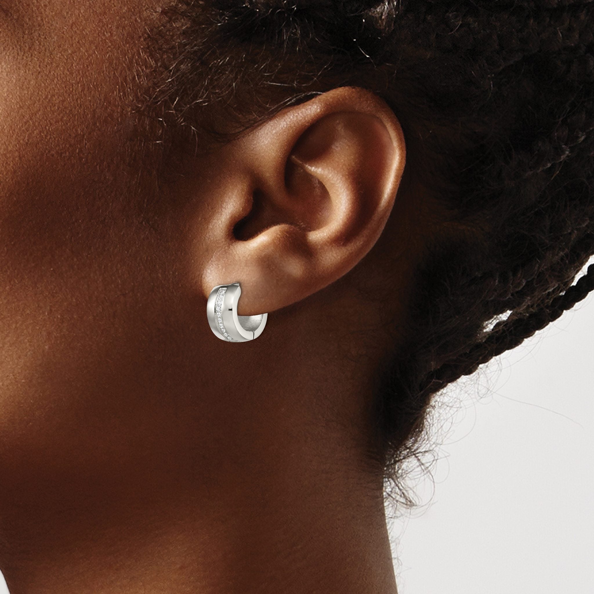 Stainless Steel Polished Hinged Lab-Created Crystal Huggie Hoop Earrings