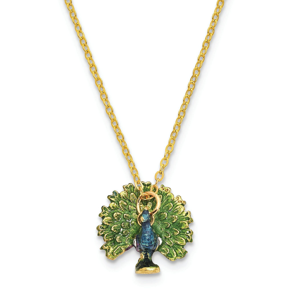 Luxury Giftware by Jere Pewter Bejeweled Crystals Gold-tone Enameled PROUD AS A PEACOCK Strutting Peacock Trinket Box with Matching 18 Inch Necklace