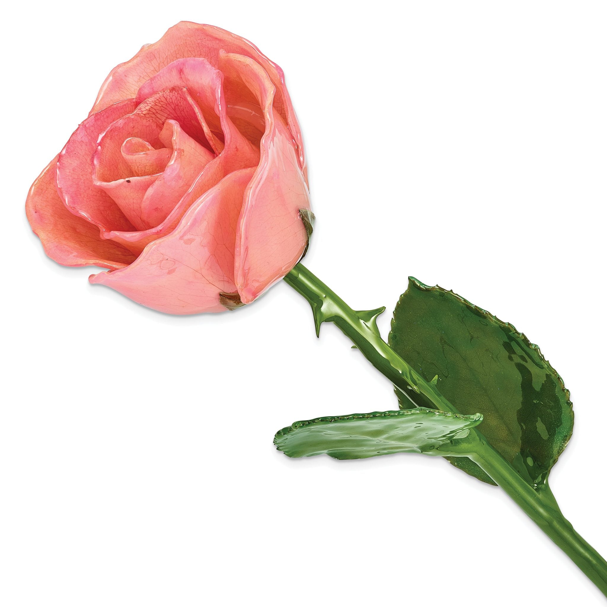 Pink Lacquer Dipped Natural Rose with Green Leaves and Stem Main image
