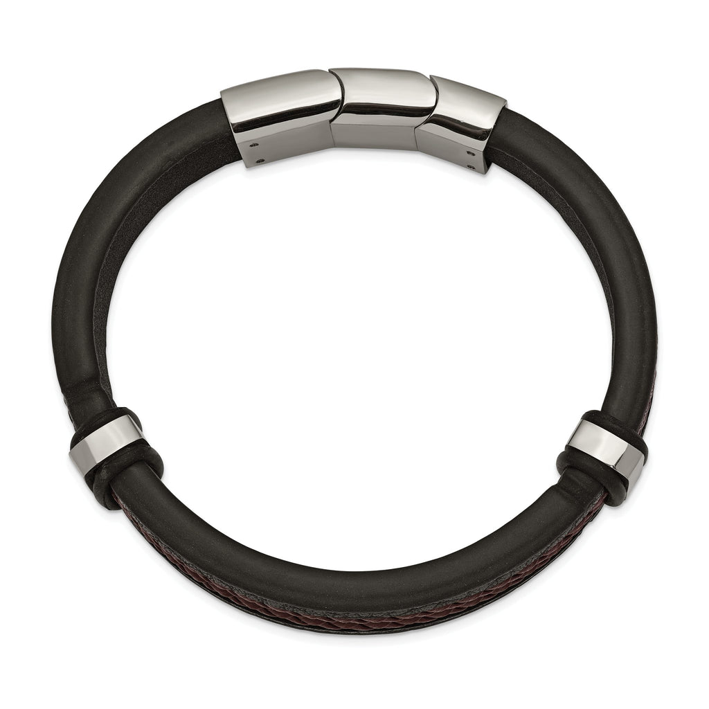 Stainless Steel Polished Black and Brown Braided Leather Bracelet with . Extension for Men