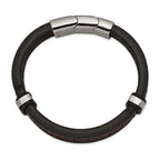 Stainless Steel Polished Black and Brown Braided Leather Bracelet with . Extension for Men