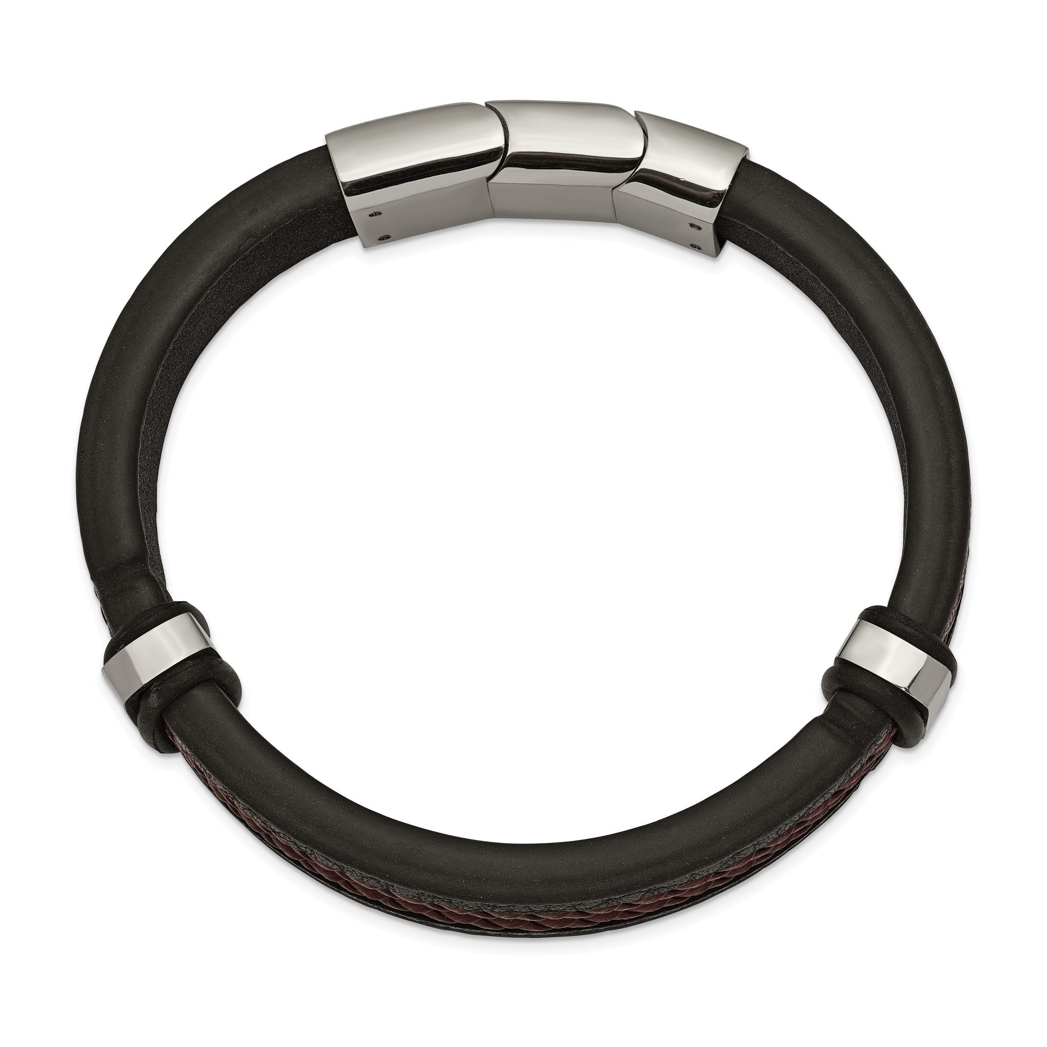 Stainless Steel Polished Black and Brown Braided Leather Bracelet with . Extension for Men