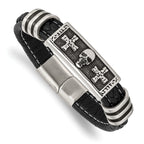 Stainless Steel Antiqued and Polished Enameled Skull with Crosses Black Braided Faux Leather Bracelet for Men