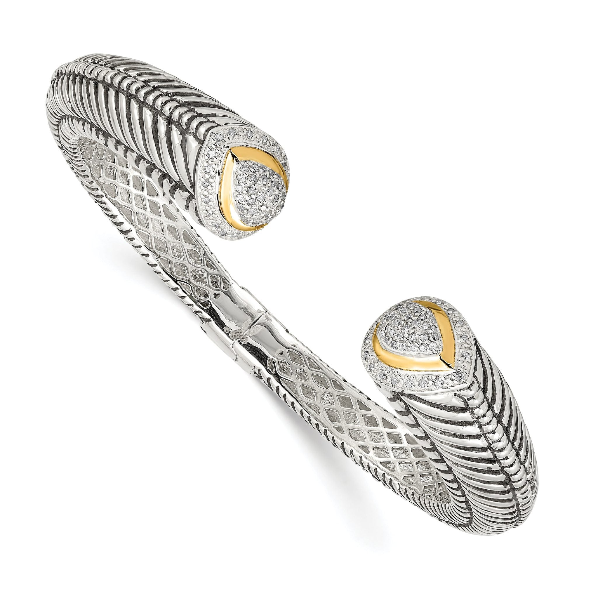 Sterling Silver 14K Gold Diamond Cuff Bracelet with Vintage Elegance