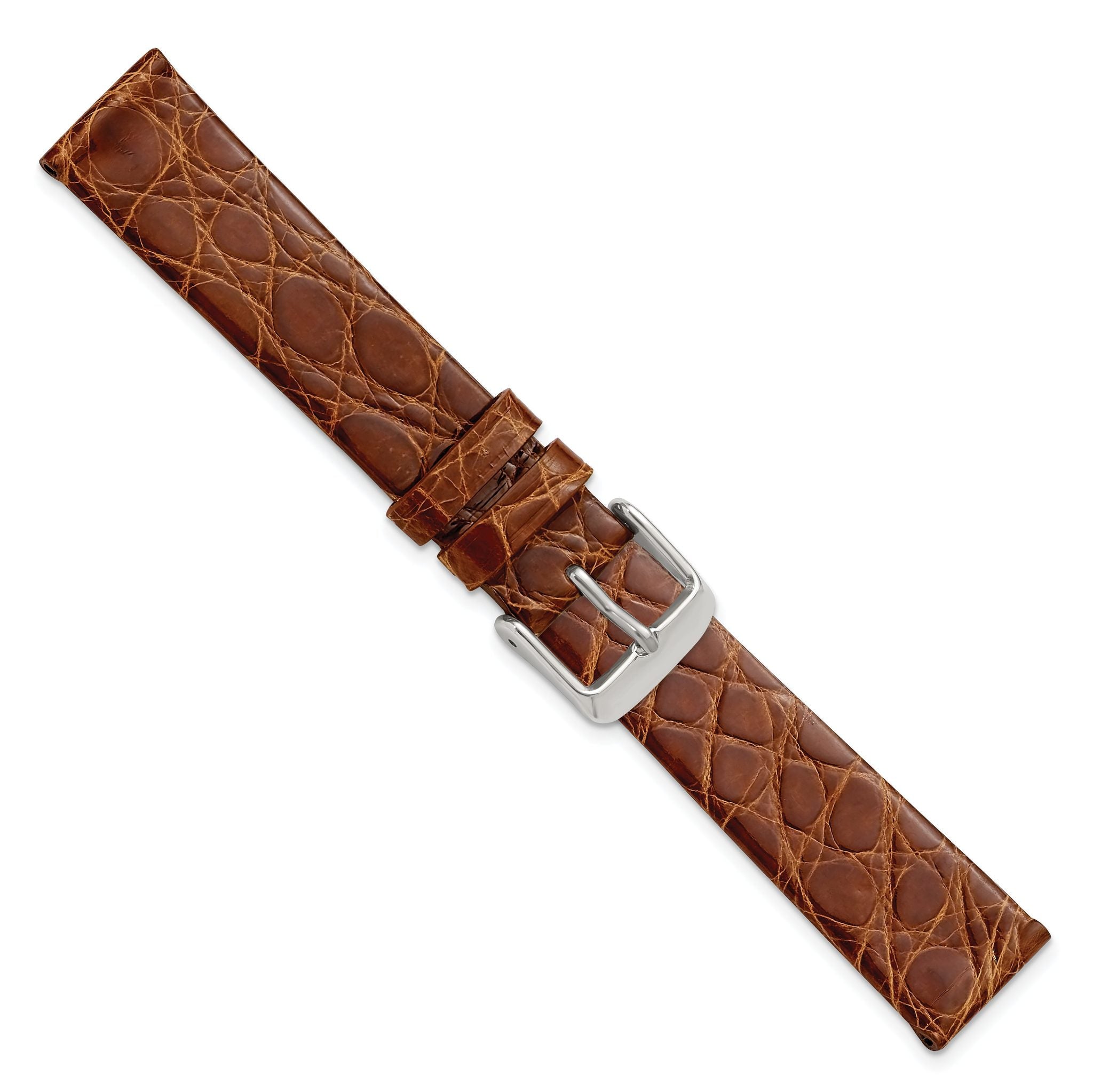 16mm Havana Flat Genuine Crocodile Leather with Silver-tone Buckle 7.5 inch Watch Band