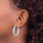 14k White Gold Polished Satin and Diamond-cut In/Out Hoop Earrings