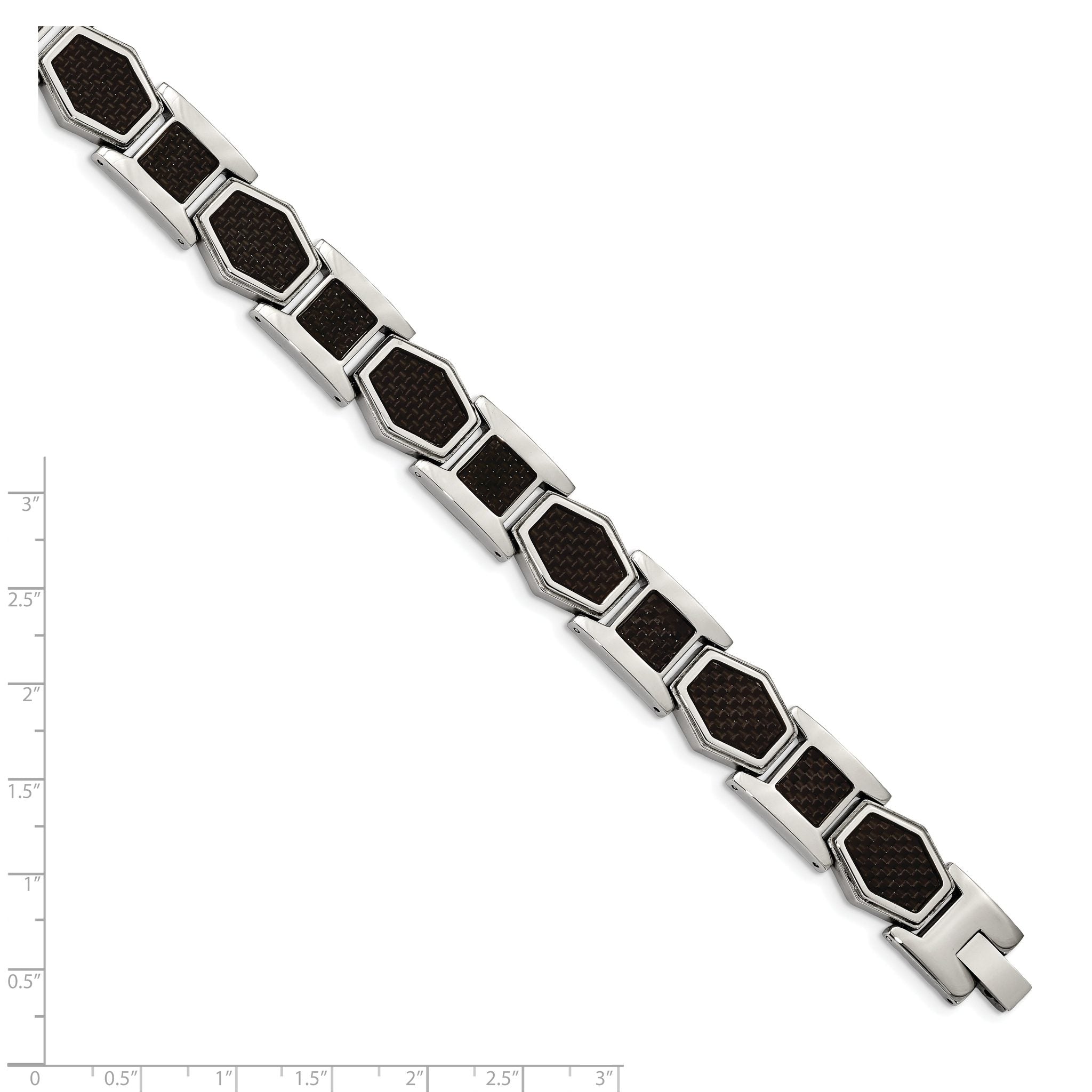 Stainless Steel Polished with Black Carbon Fiber Inlay Link Bracelet for Men
