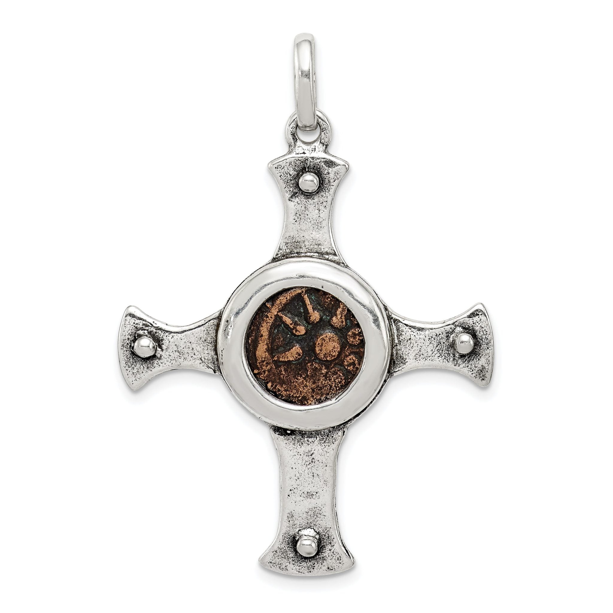 Ancient Coins Sterling Silver and Bronze Antiqued Widow's Mite Coin Cross Pendant with a Certificate of Authenticity Main image
