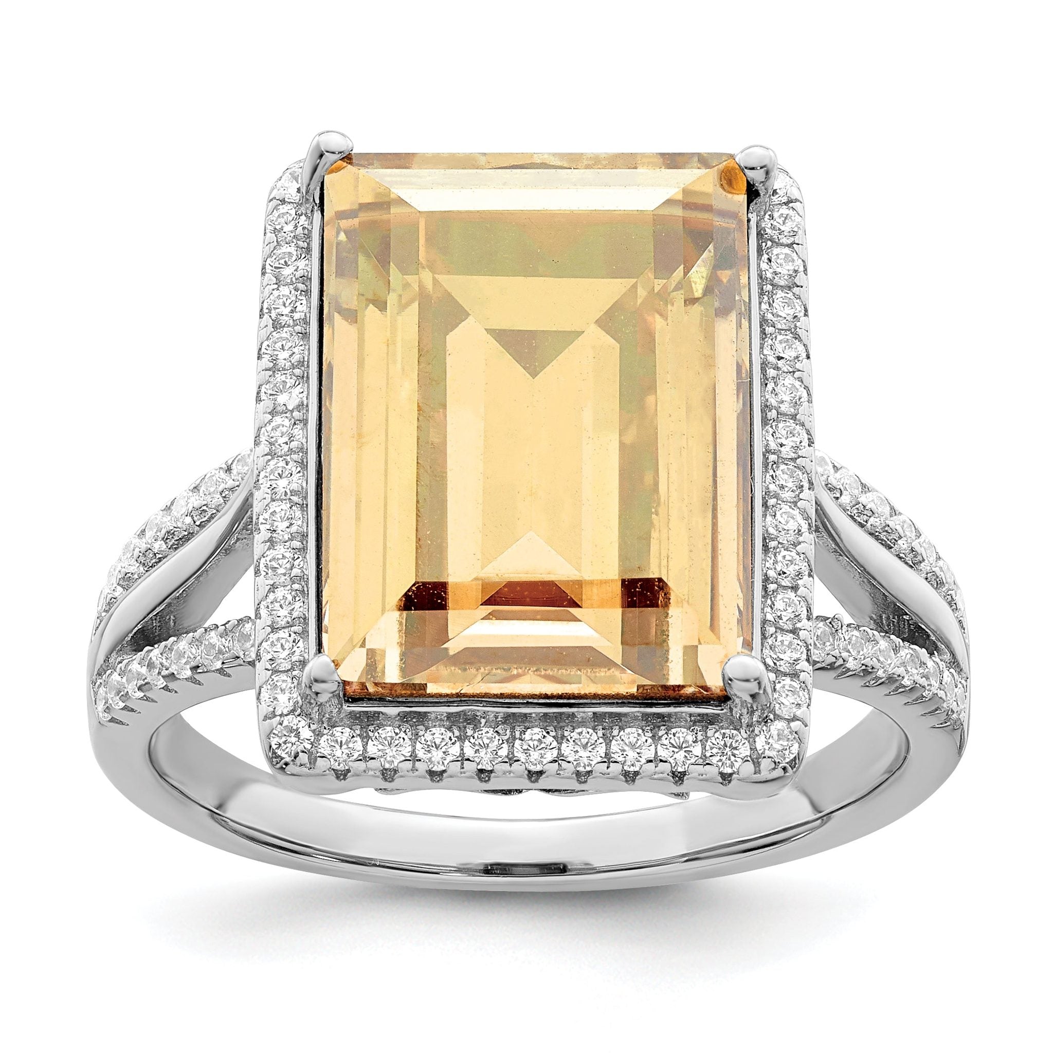 Sterling Silver Rhodium-plated Polished CZ & Yellow Crystal Ring Main image