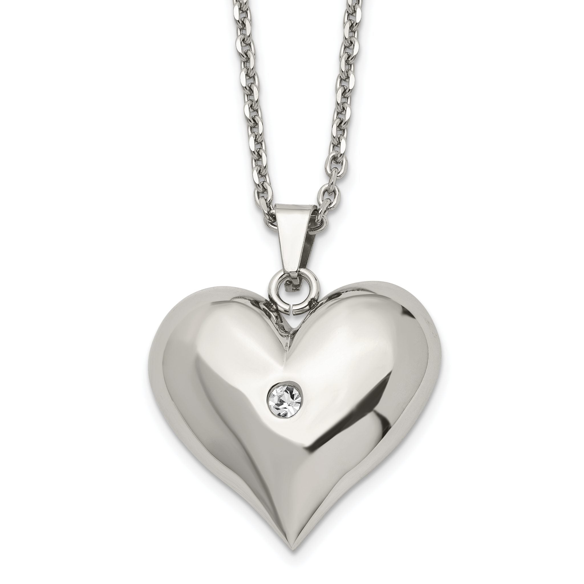 Stainless Steel Polished w/Crystal Heart 22in Necklace Main image
