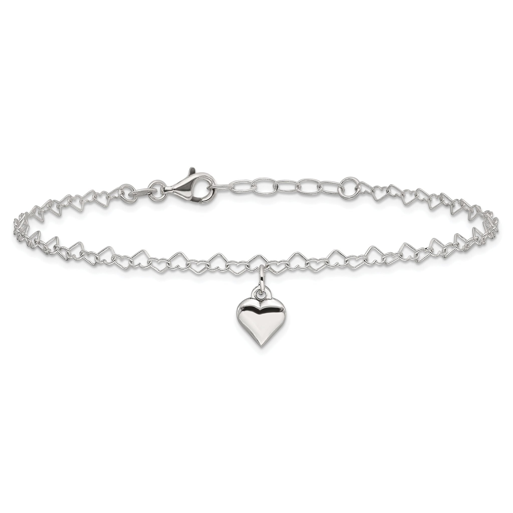 Sterling Silver Puffed Heart Charm 9 inch Plus 1 inch Extender - Total 10 inch Anklet