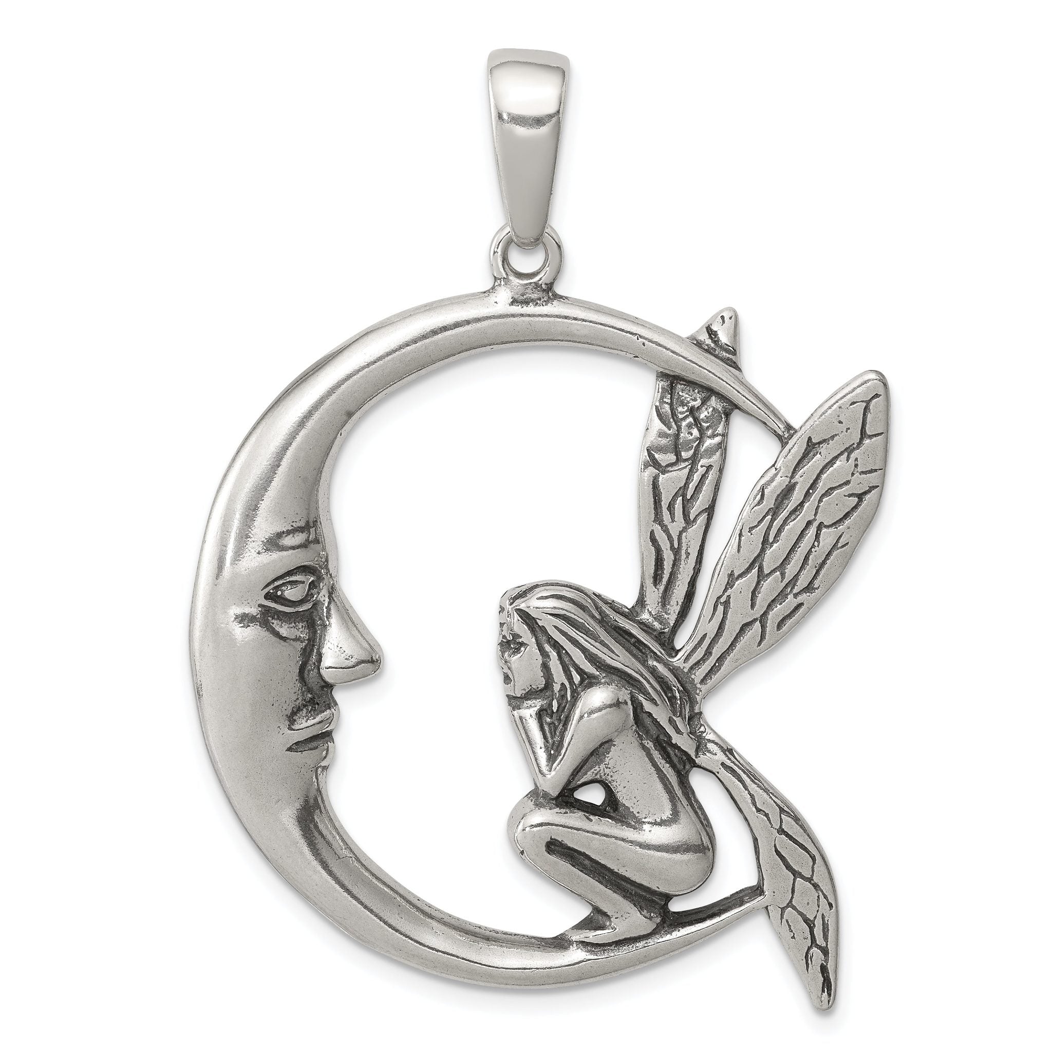 Vintage Inspired Sterling Silver Moon Fairy Pendant with Antiqued Finish