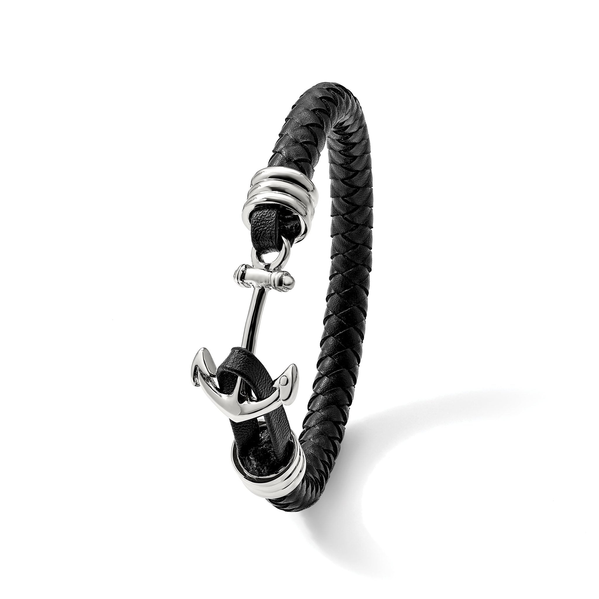 Stainless Steel Polished Anchor Black Braided Leather Bracelet for Men