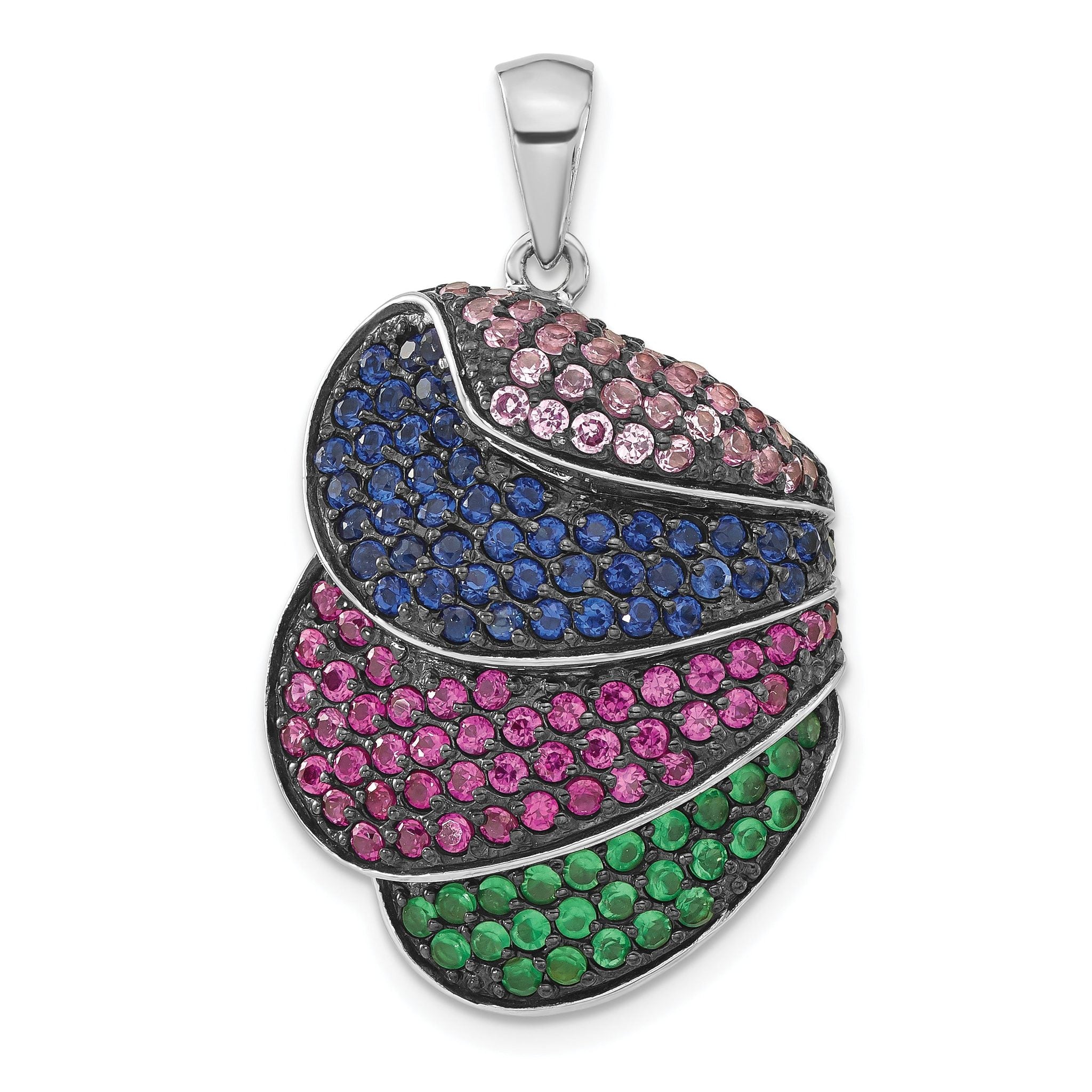 SS & Black Rhodium Blue/Grn Glass Lt & Drk Synth. Ruby Pendant Main image