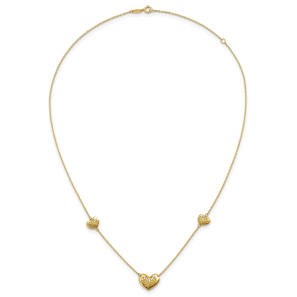 14K Polished Filigree Puffed Heart 3-Station 16 inch Necklace Plus 2 inch Extender