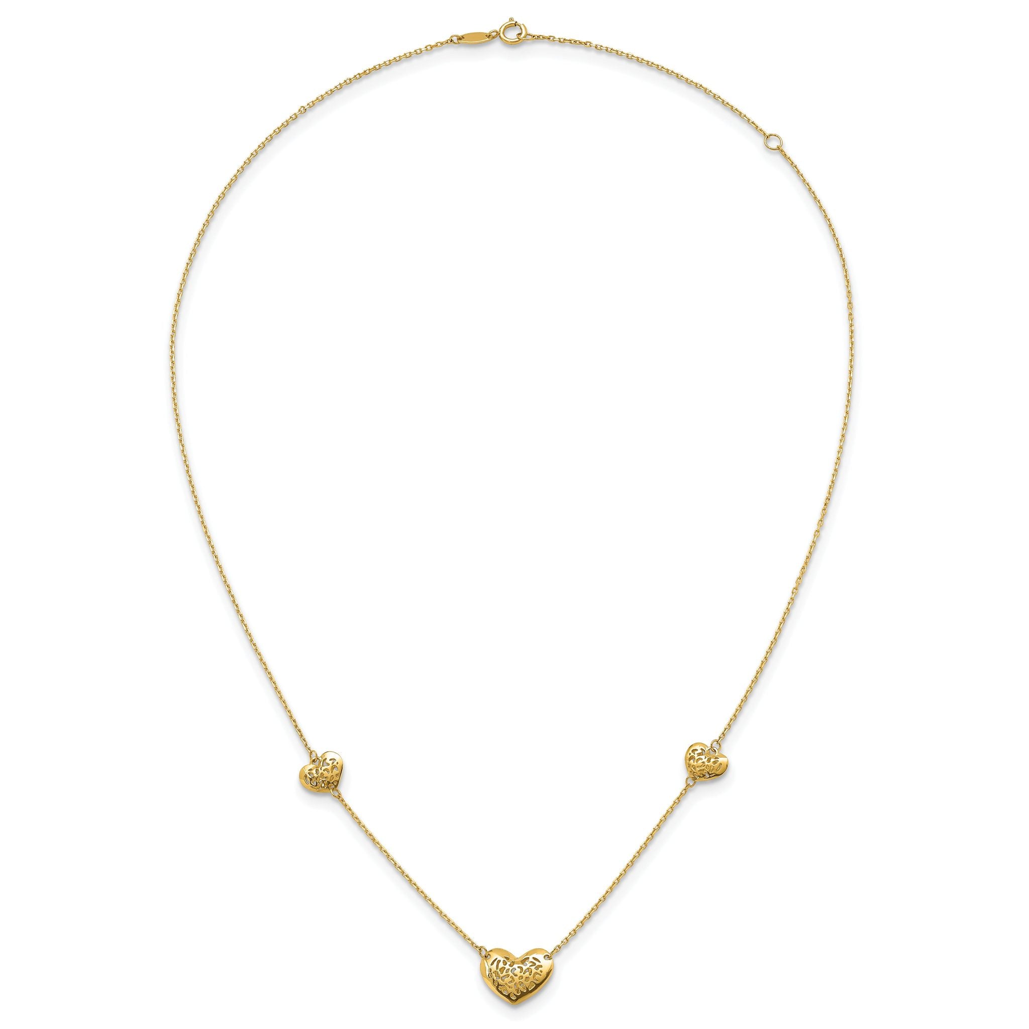 14K Polished Filigree Puffed Heart 3-Station 16 inch Necklace Plus 2 inch Extender