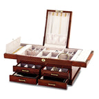Luxury Giftware by Jere High GloSterling Silver Bubinga Veneer w/Mapa Burl and Scrolled Inlay Fold-out Top 4-drawer Locking Wooden Jewelry Box