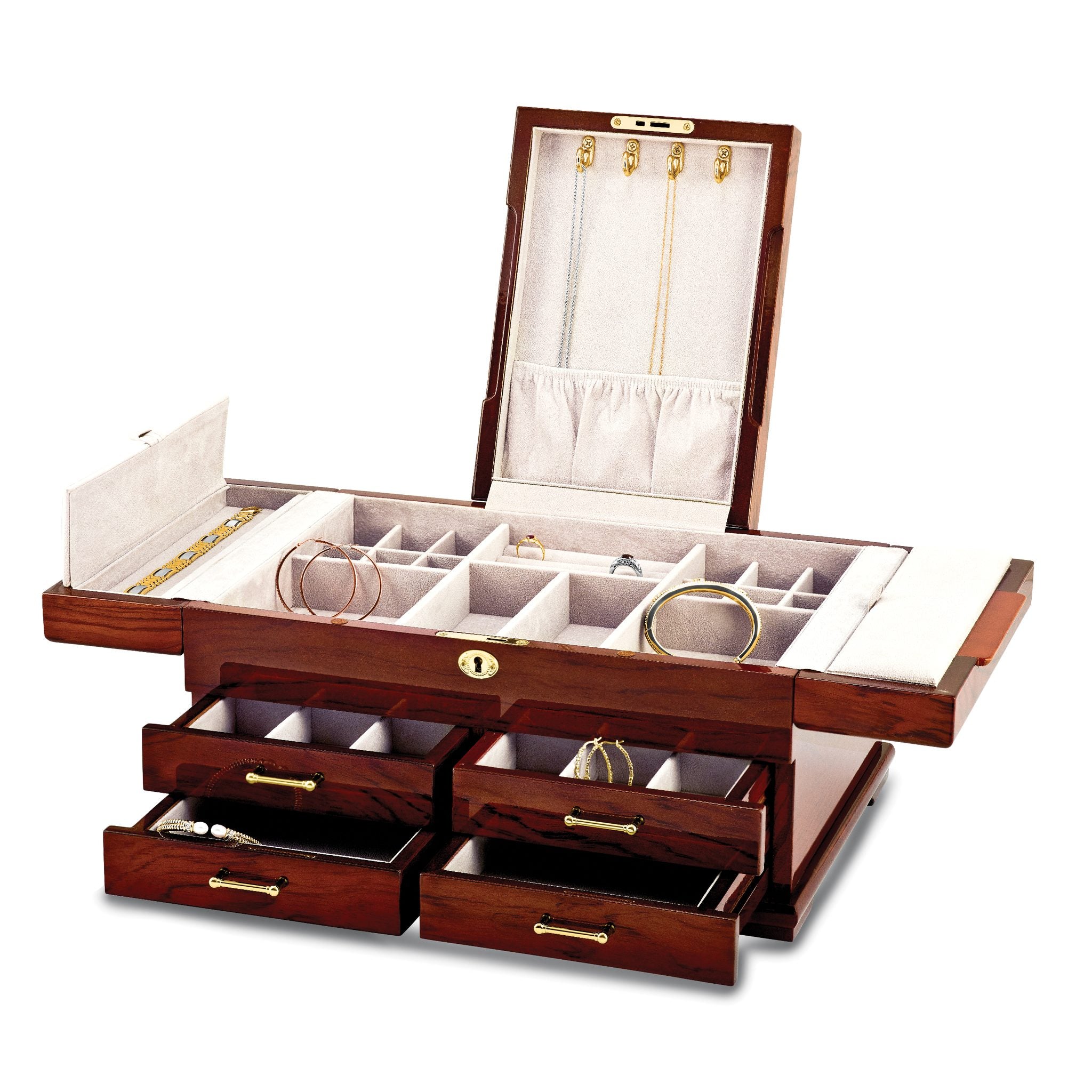 Luxury Giftware by Jere High GloSterling Silver Bubinga Veneer w/Mapa Burl and Scrolled Inlay Fold-out Top 4-drawer Locking Wooden Jewelry Box