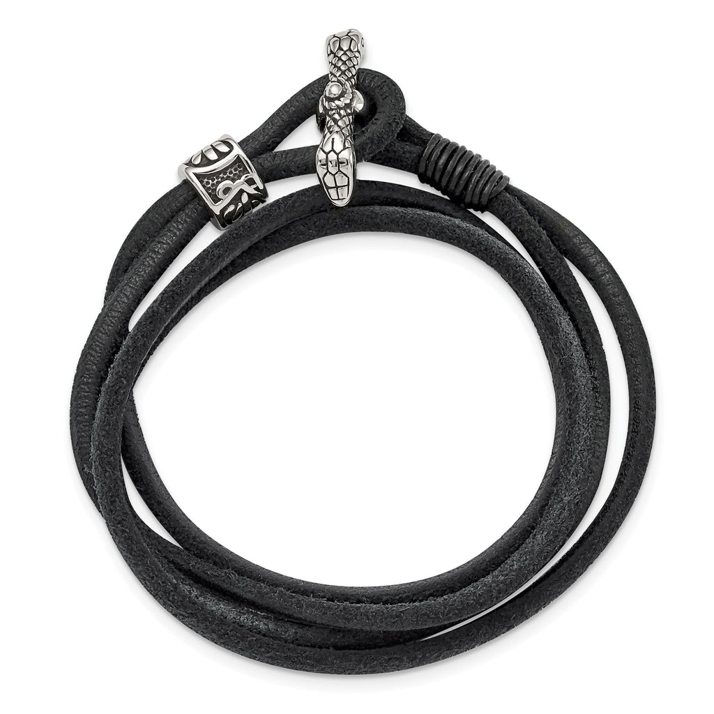 Stainless Steel Antiqued and Polished Snake Heads Black Suede Wrap Bracelet