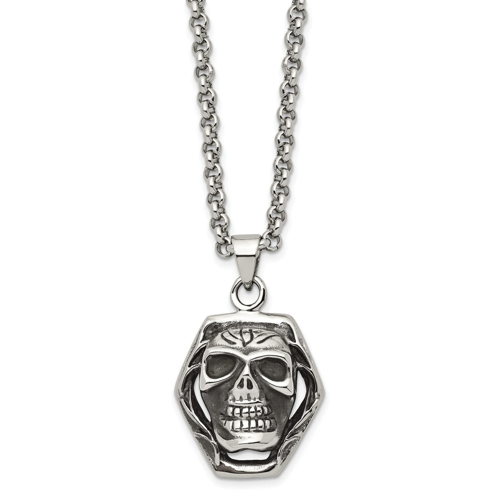 Antiqued Skull Pendant Necklace in Stainless Steel