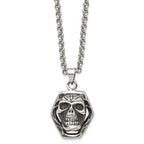 Antiqued Skull Pendant Necklace in Stainless Steel