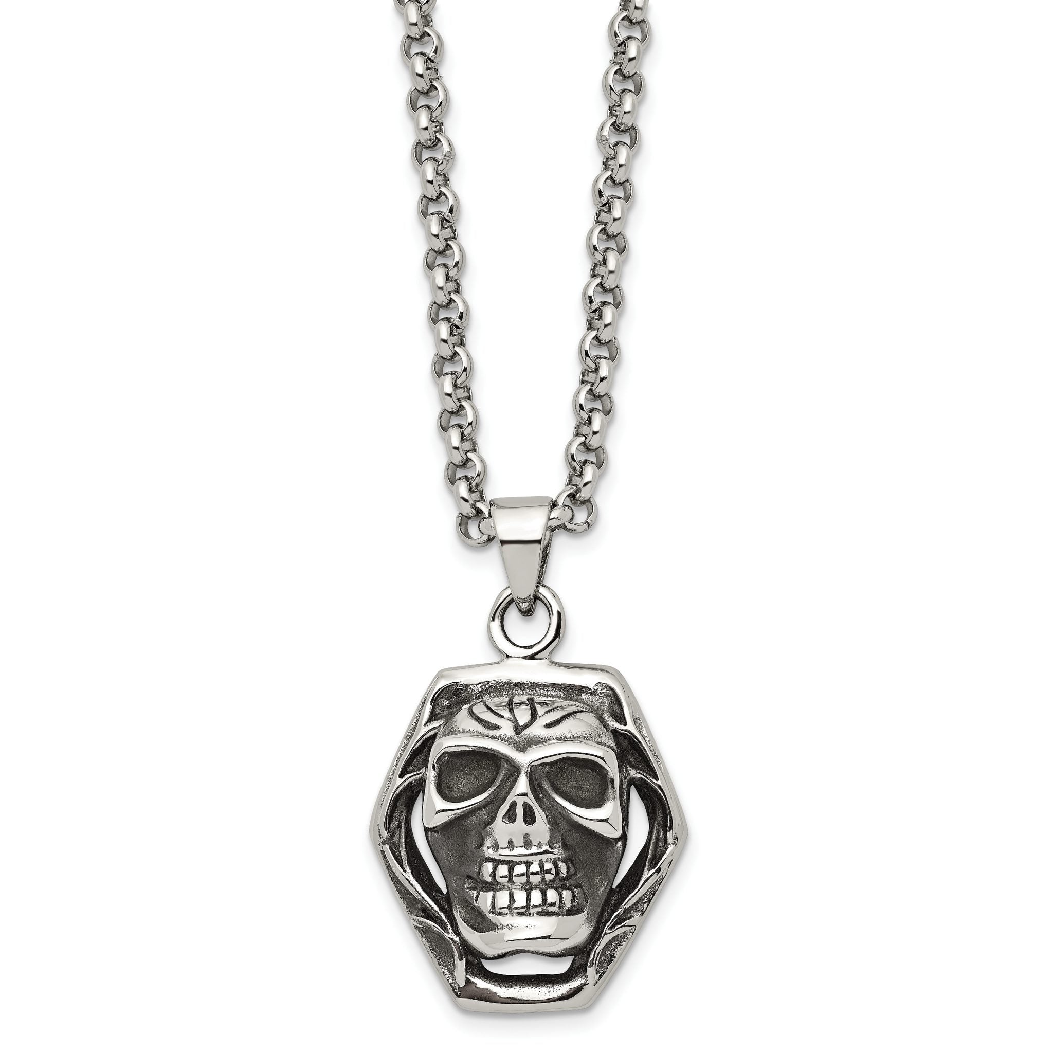 Antiqued Skull Pendant Necklace in Stainless Steel