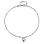 Sterling Silver Figaro Chain with Heart Charm 9 inch Plus 1 inch Extender - Total 10 inch Anklet