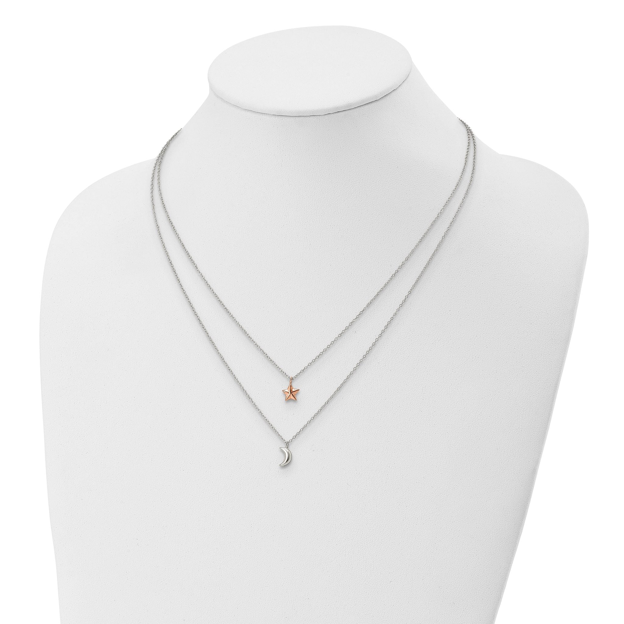 Sterling Silver Rose-Tone 2-strand Moon and Star w/1in ext Necklace