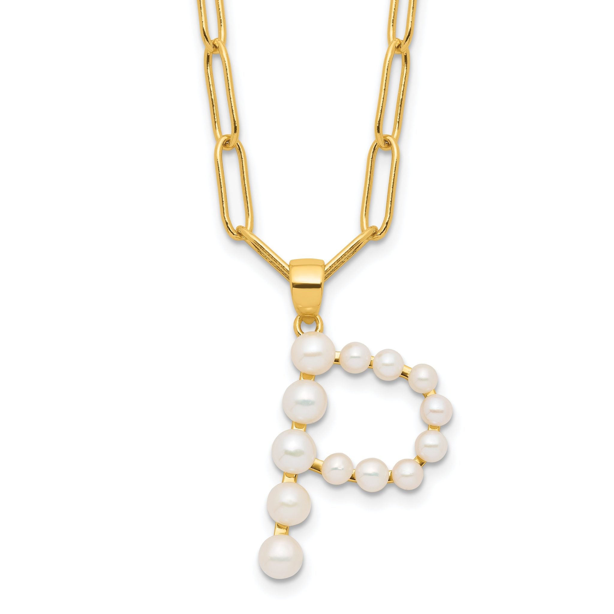 Sterling Silver Gold-plated 3-5.5mm White Button Freshwater Cultured Pearl LETTER P 18 inch Necklace Main image