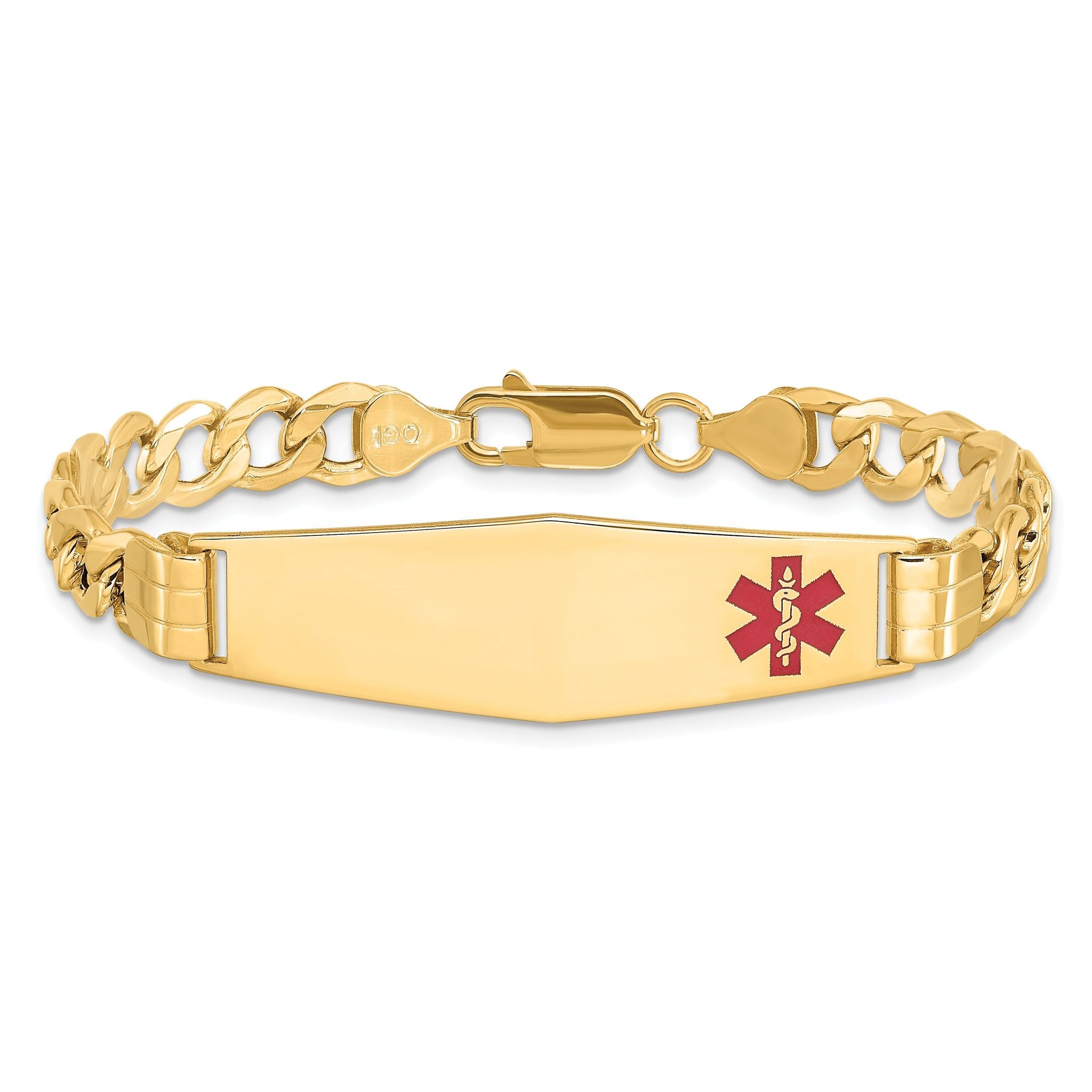 14K Medical Semi-Solid Chain/Solid Plate Soft Diamond Shape 40x12mm Off-Center Red Enamel Curb Link 8 inch ID Bracelet Secondary image