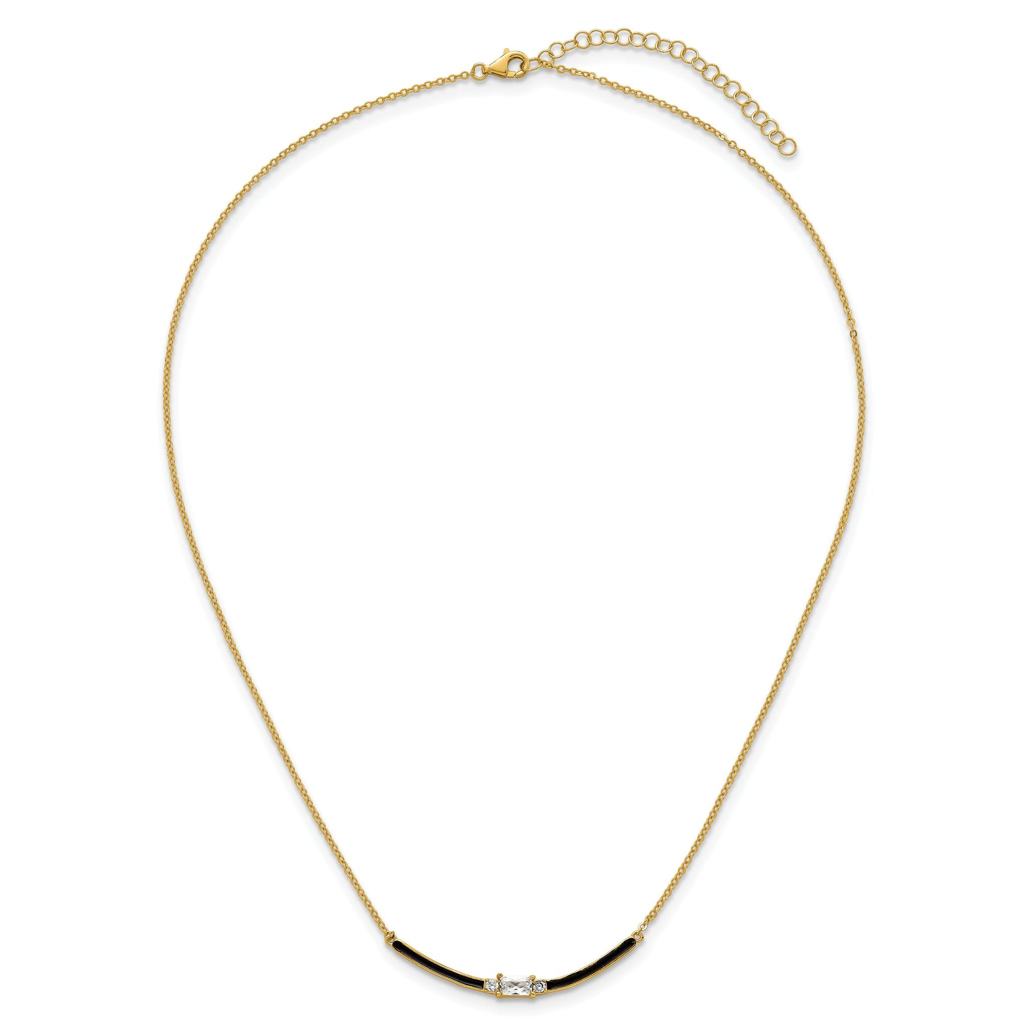 Sterling Silver Gold-tone Polished Black Enameled and CZ Curved Bar 16 Inch with 2 Inch Extension Necklace