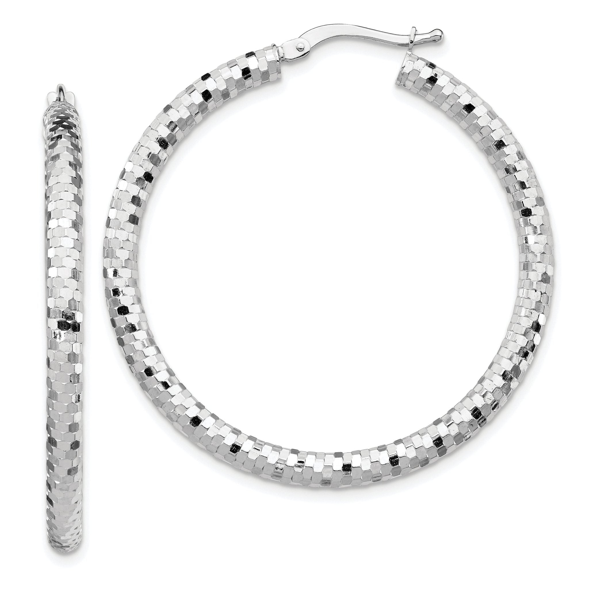 14k White Gold 3x38mm Diamond-cut Hoop Earrings Main image