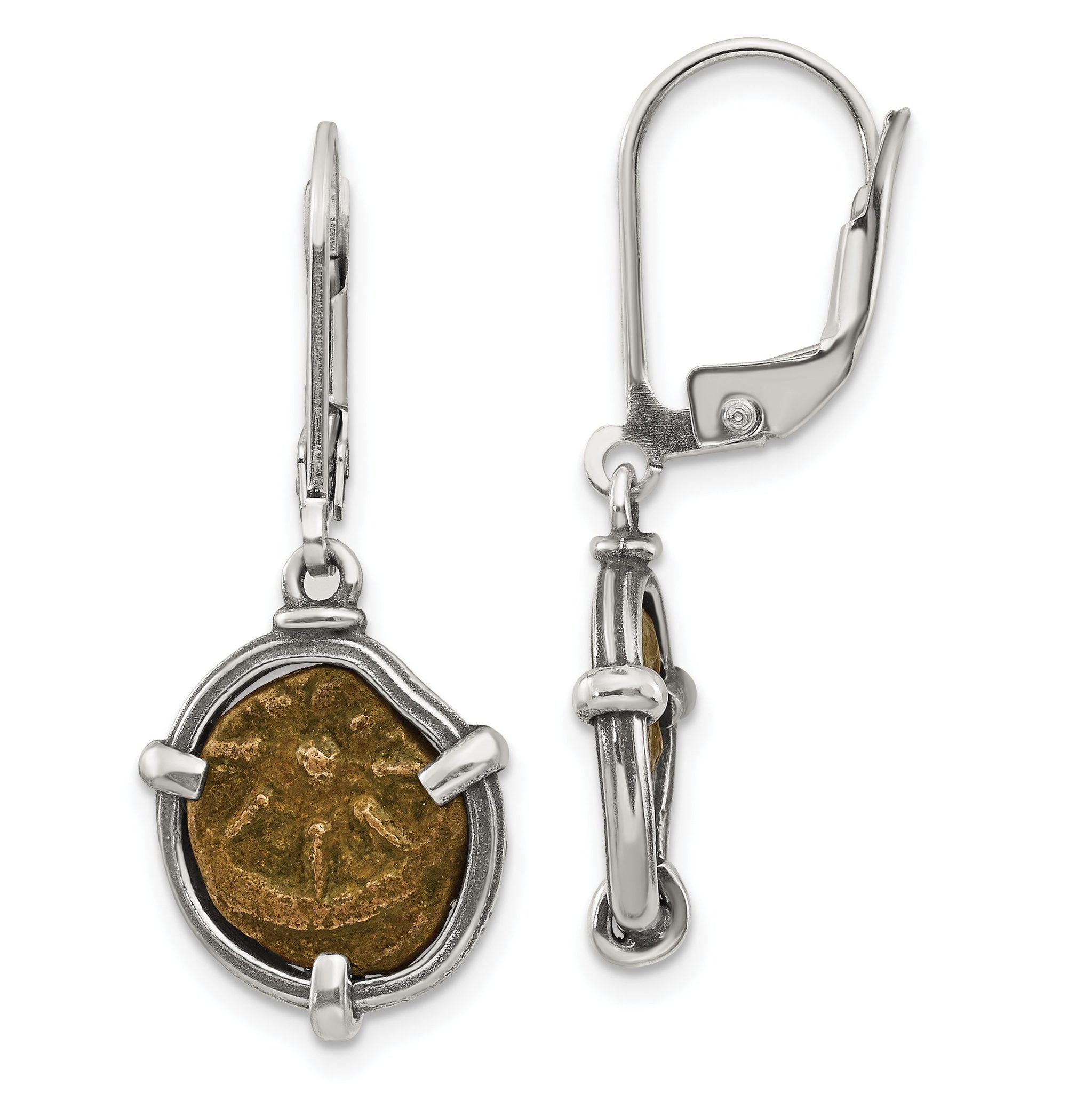 Ancient Coins Sterling Silver and Bronze Antiqued Widow's Mite Coin Leverback Dangle Earrings with a Certificate of Authenticity Main image