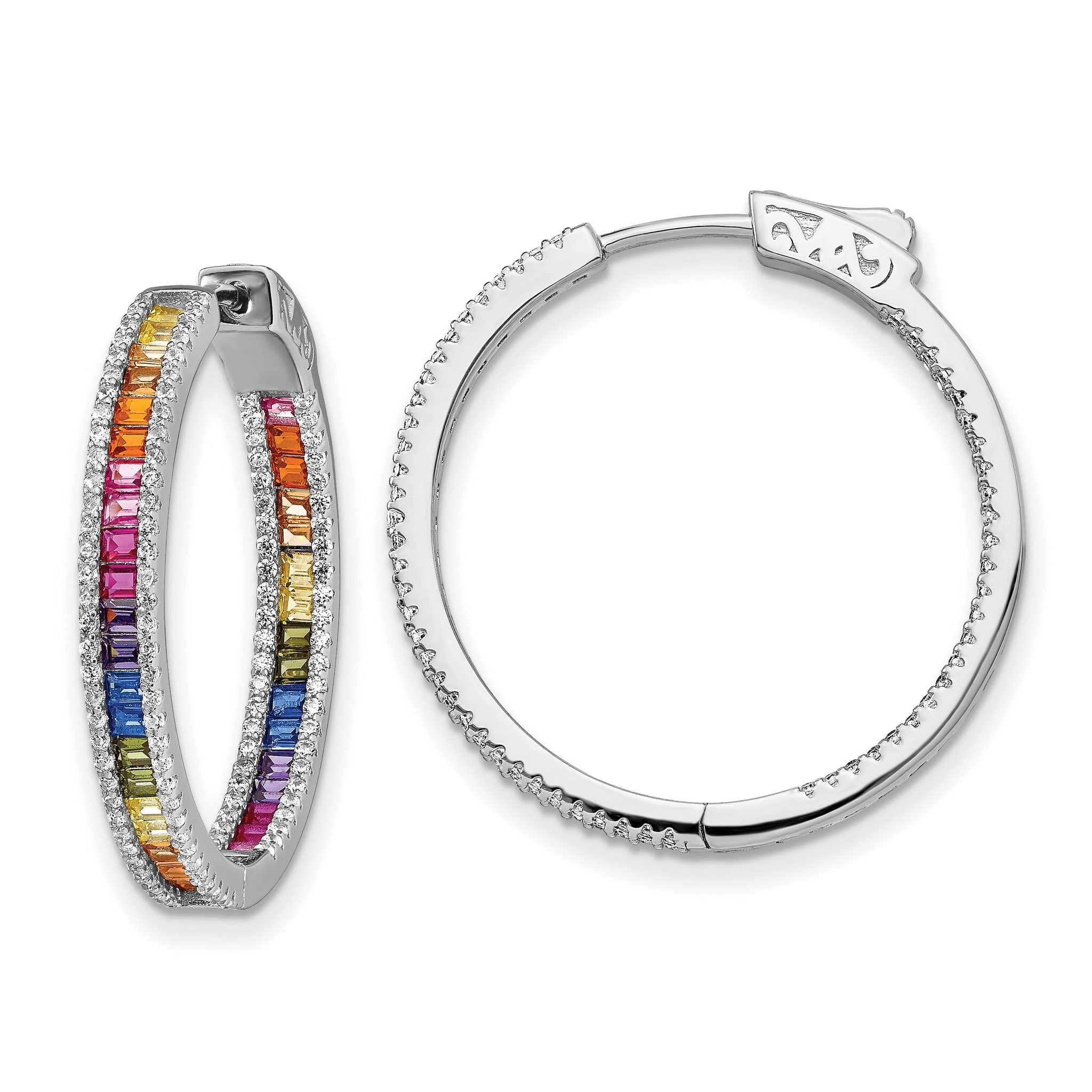Prizma Sterling Silver Rhodium-plated White and Colorful CZ In and Out Hinged Hoop Earrings Main image