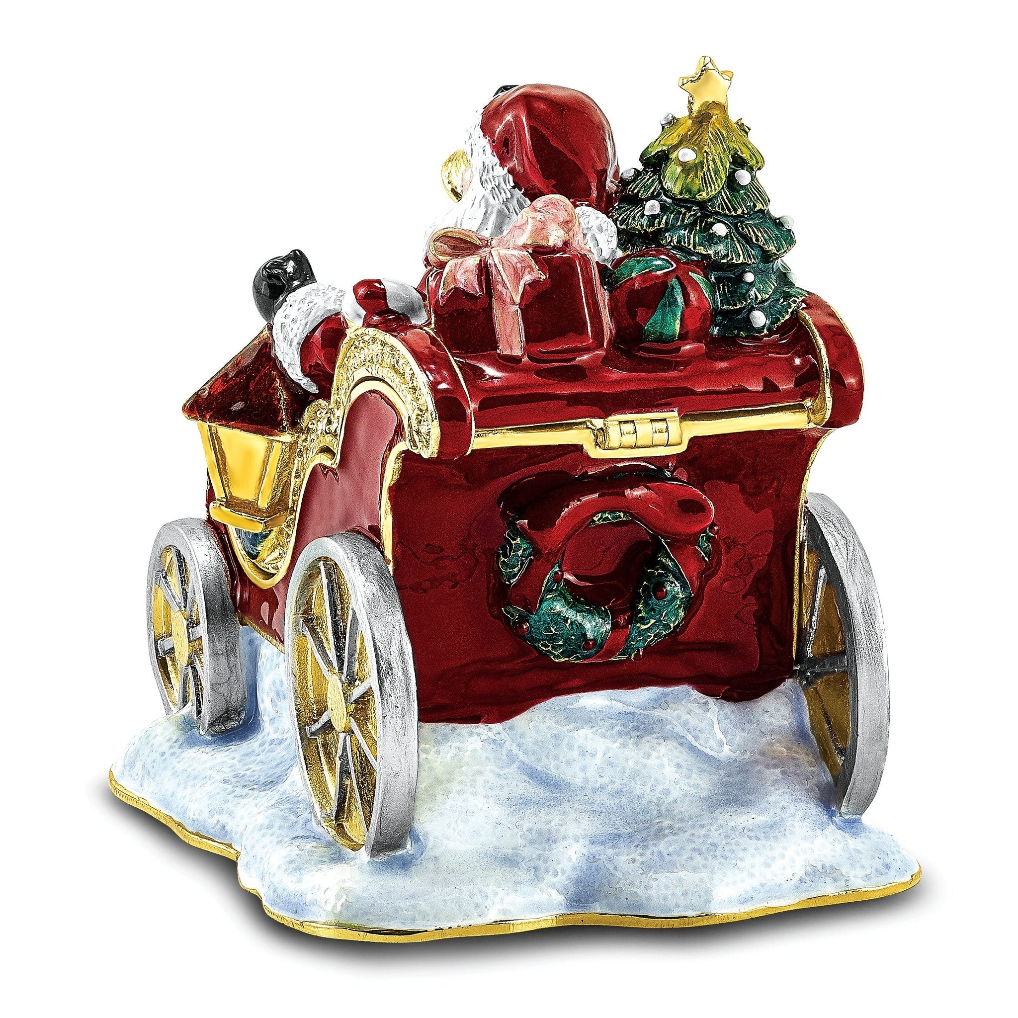 Luxury Giftware by Jere Bejeweled Crystals Gold-tone Enameled CRUISIN' SANTA in Sleigh Trinket Box with Matching 18 Inch Necklace