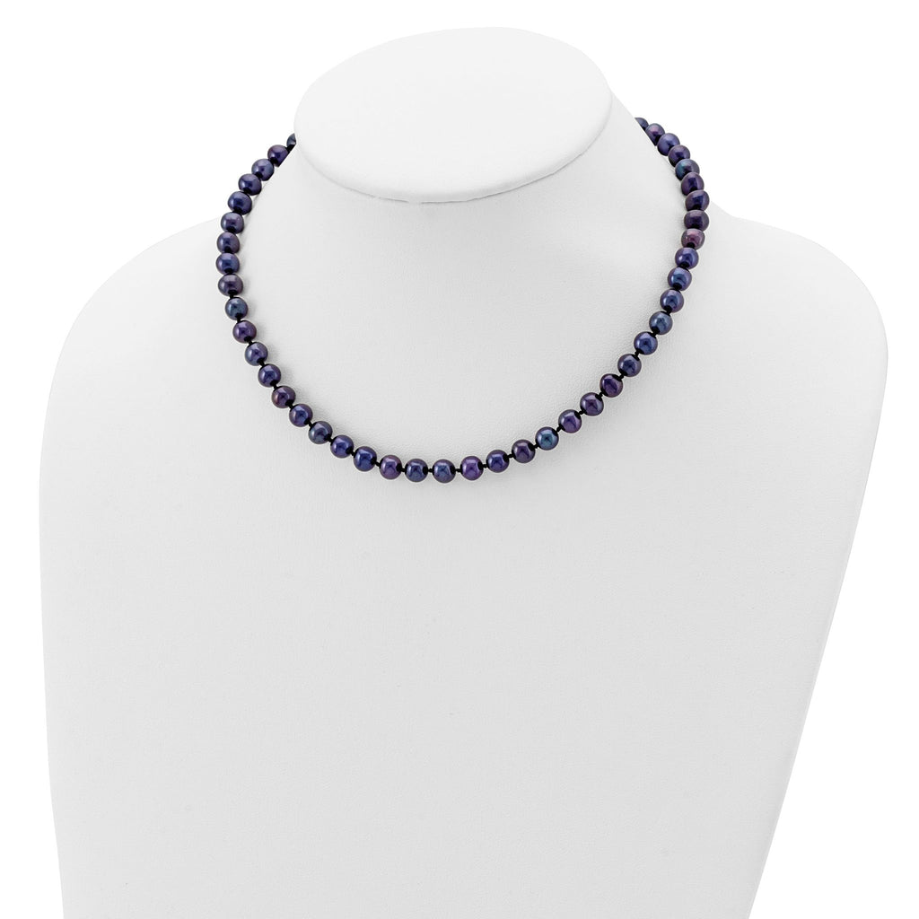 Sterling Silver Rhodium-plated 6-7mm Black Near-Round Freshwater Cultured Pearl 16 inch Necklace