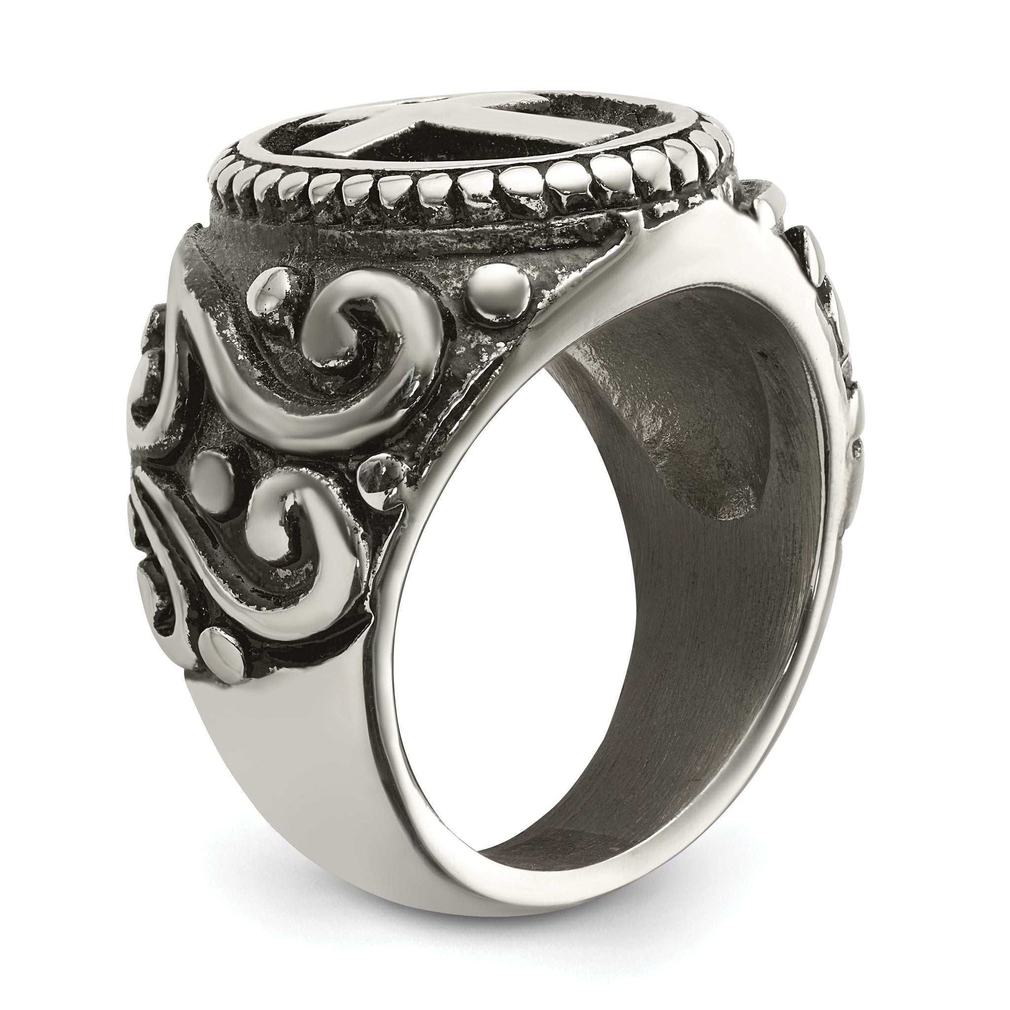 chisel Stainless Steel Antiqued and Polished Cross Ring