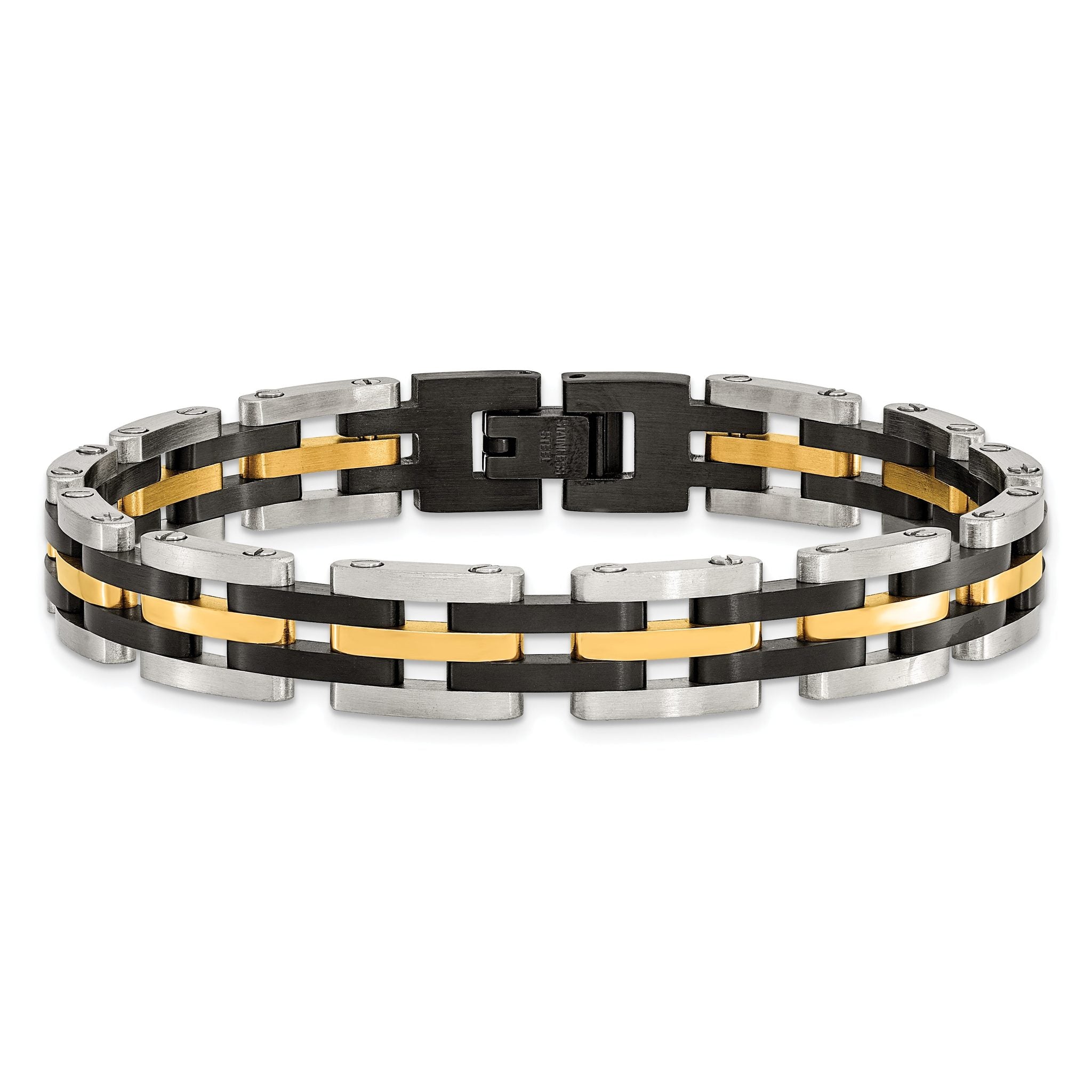 Stainless Steel Brushed and Polished Black and Yellow IP-plated Link Bracelet for Men