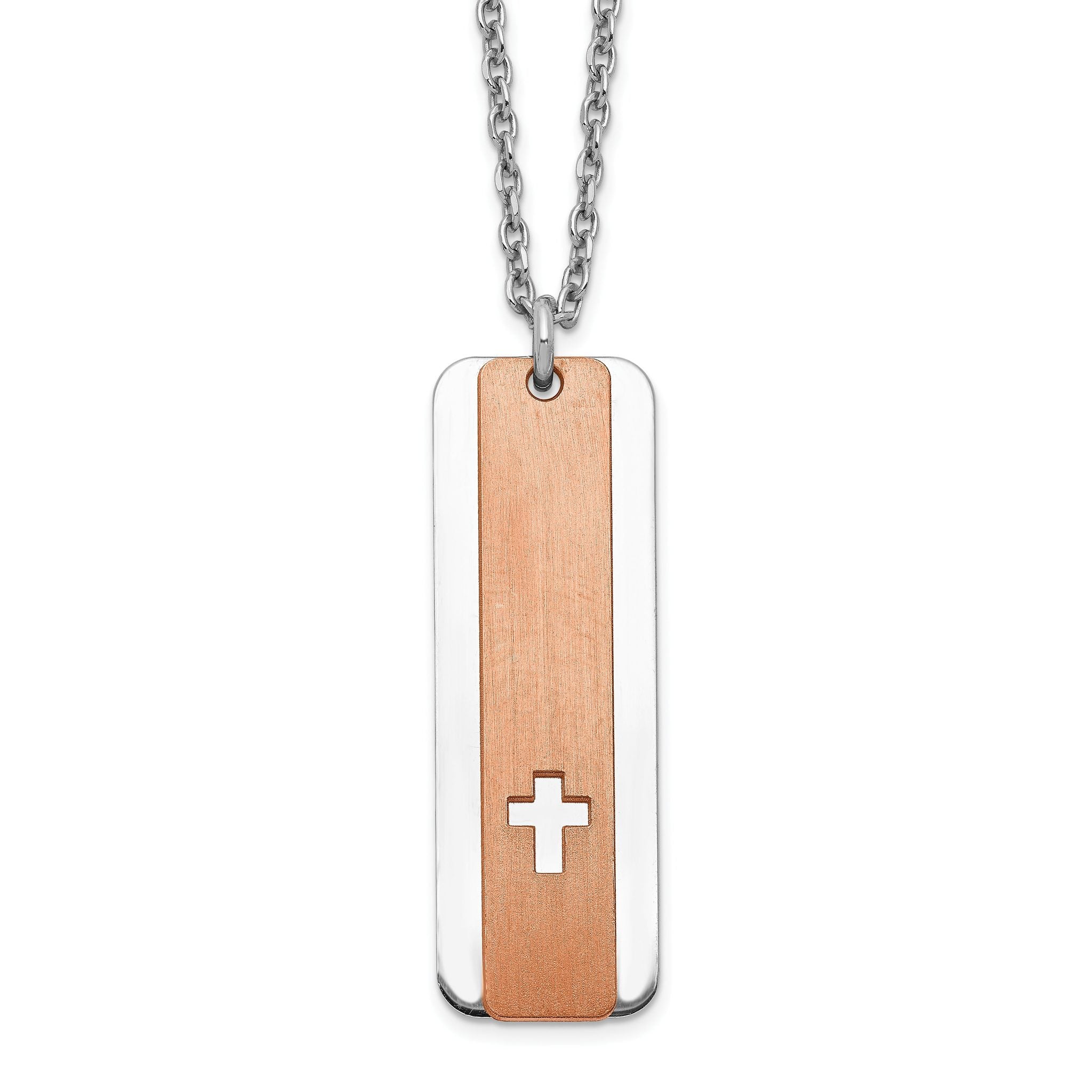 Sterling Silver RH-plated Dogtag With Rose-tone Cross With 1.25in ext Necklace