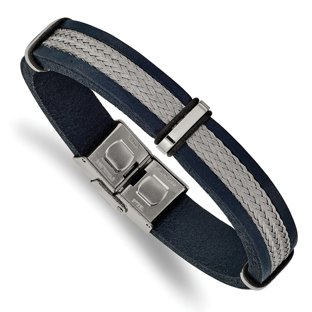 Stainless Steel Polished Blue Leather and Wire Bracelet for Men