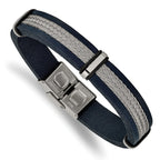 Stainless Steel Polished Blue Leather and Wire Bracelet for Men